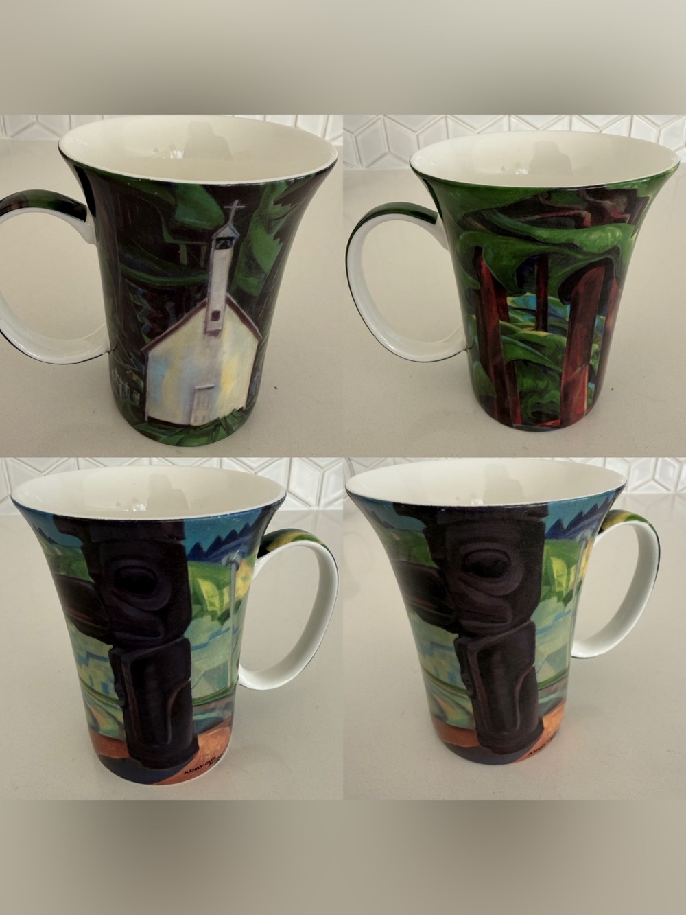 MCINTOSH Set of 4 Mugs Emily Carr Art Fine Bone China Tapered Shape Indigenous